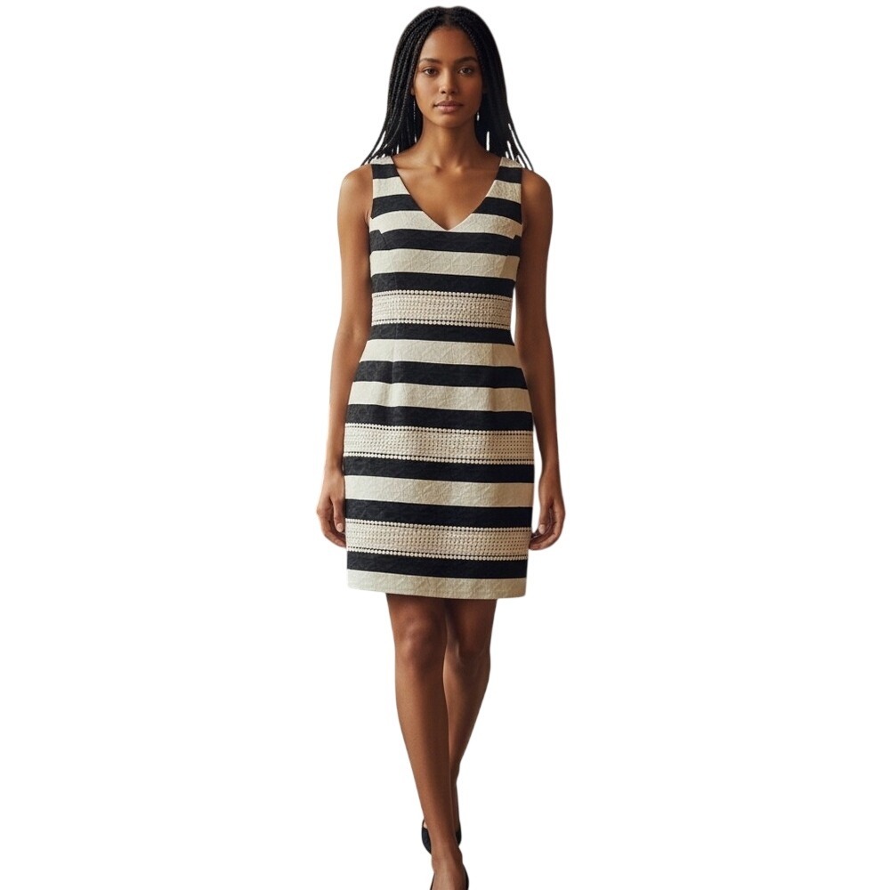 Just...Taylor Black and White Striped Sleeveless V-Neck Midi Dress